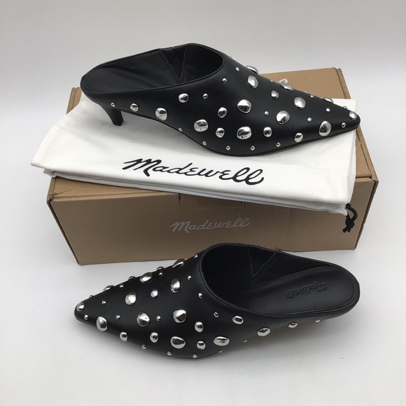 Madewell Shoes - Madewell Studded Nappa Leather Kitten Heel Mule NY386 Black Womens Size 8 NEW